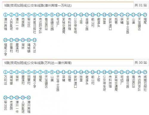 漳州9晚班车时刻表（漳州9路车公交路线时间表）-图1